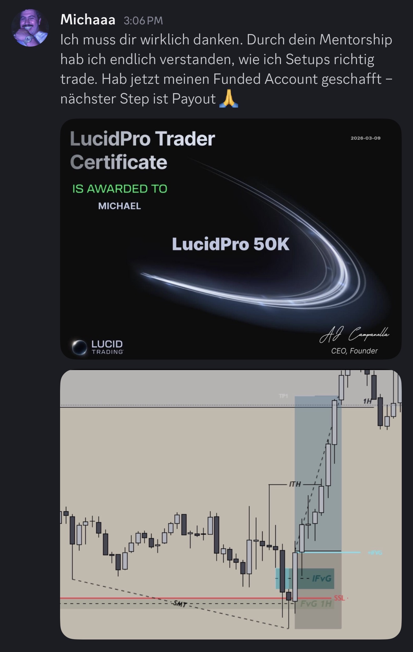 Nachricht mit zweitem Lucid payout Zertifikat
