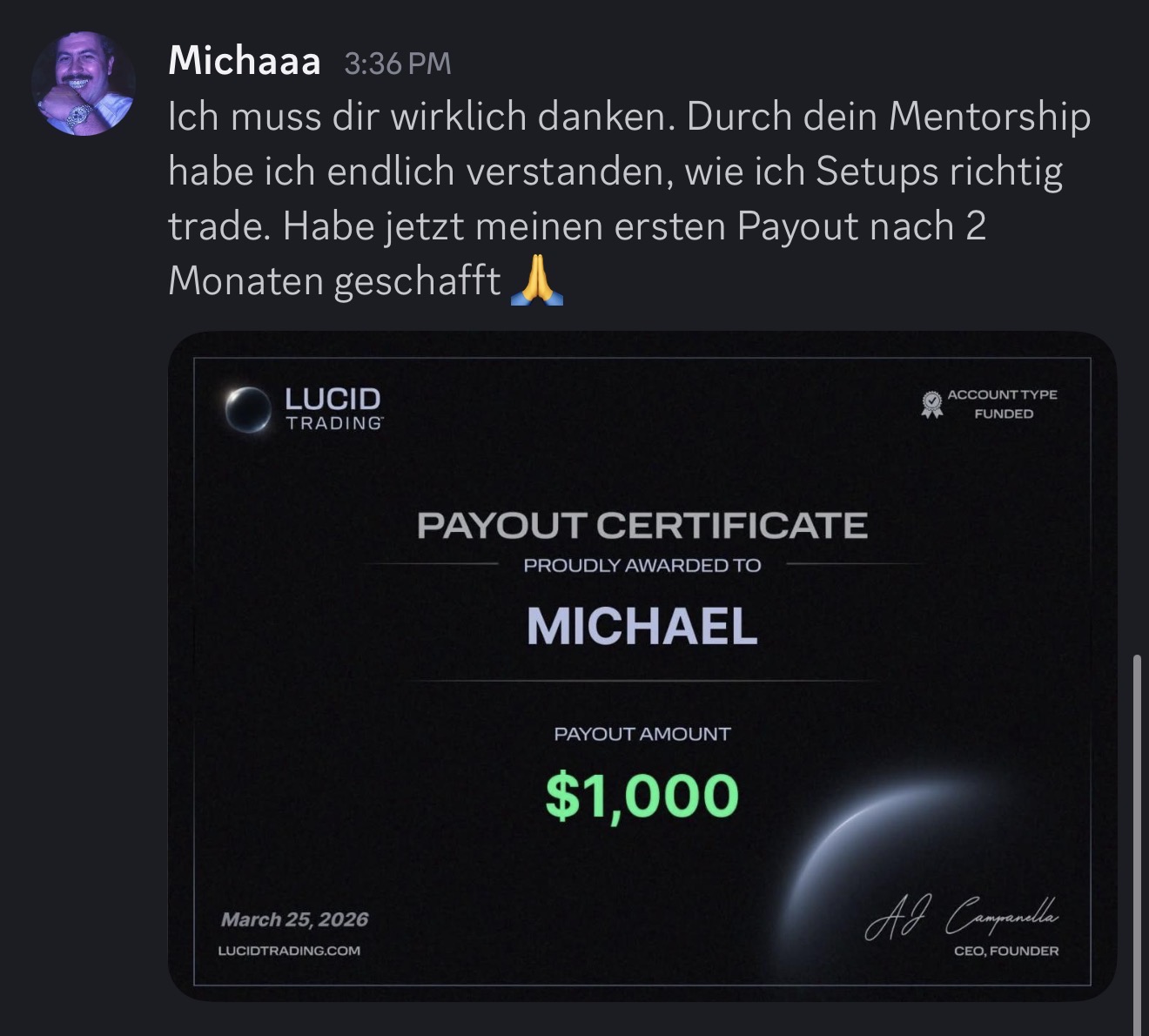 Nachricht mit zweitem Lucid payout Zertifikat